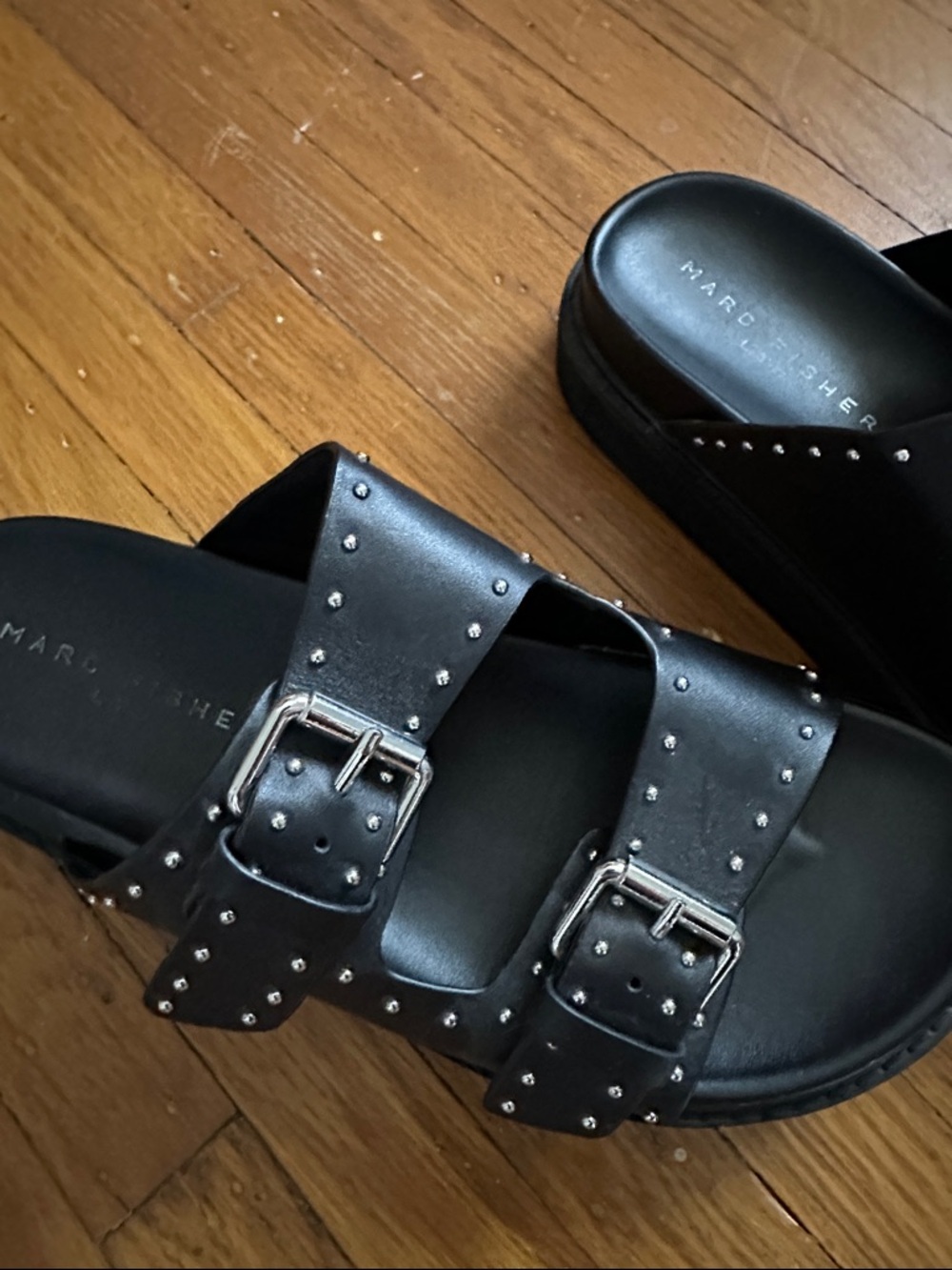 Marc Fisher Black Studded Double-Buckle Slide Sandals - Picture 4 of 7